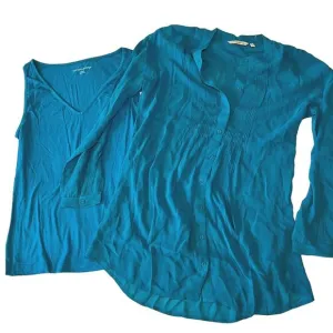 Soft Surroundings 2 Piece Set, Silky Turquoise Camisole w/Sheer Button Up, Sz M