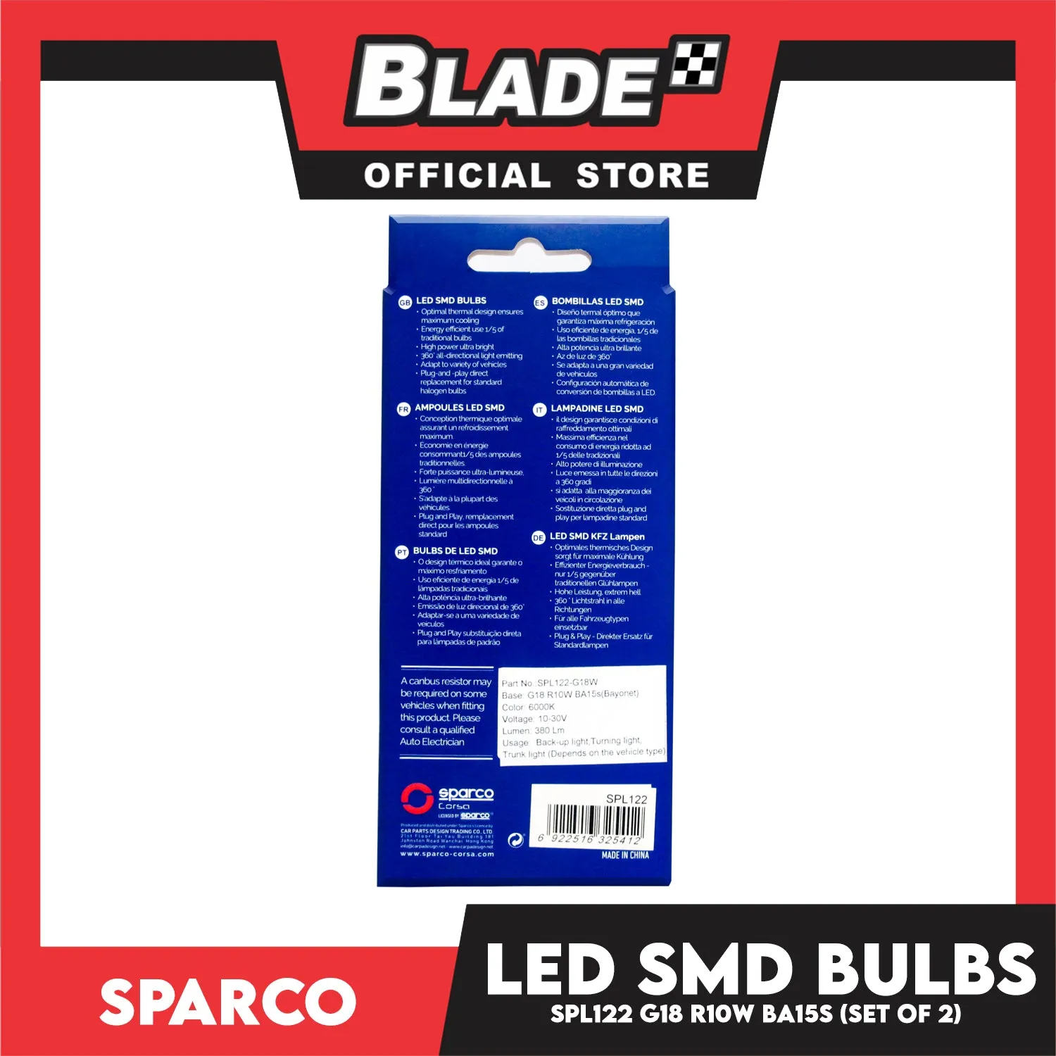 Sparco Led Smd Bulbs SPL122 G18 R10W BA15S (Set of 2) Use for Turning Light & Back-up Light