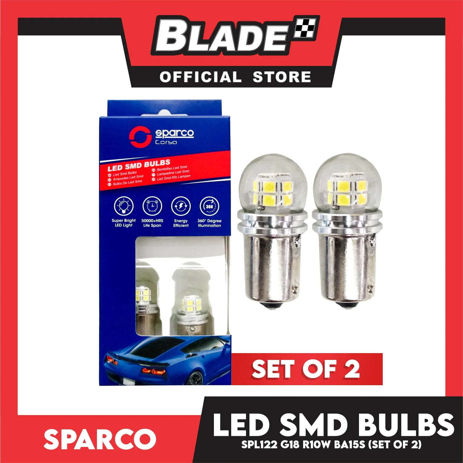 Sparco Led Smd Bulbs SPL122 G18 R10W BA15S (Set of 2) Use for Turning Light & Back-up Light