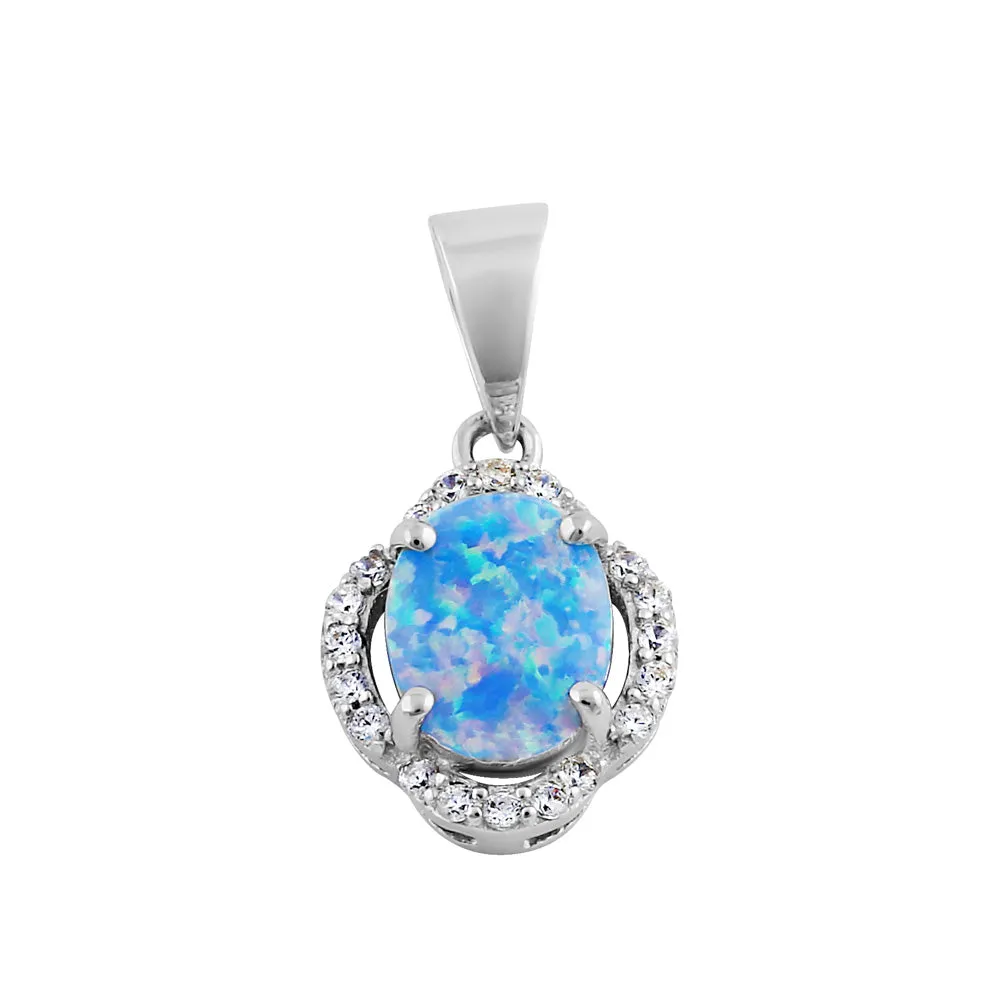 Sterling Silver Elegant Blue Lavender Lab Opal Oval Halo Pendant
