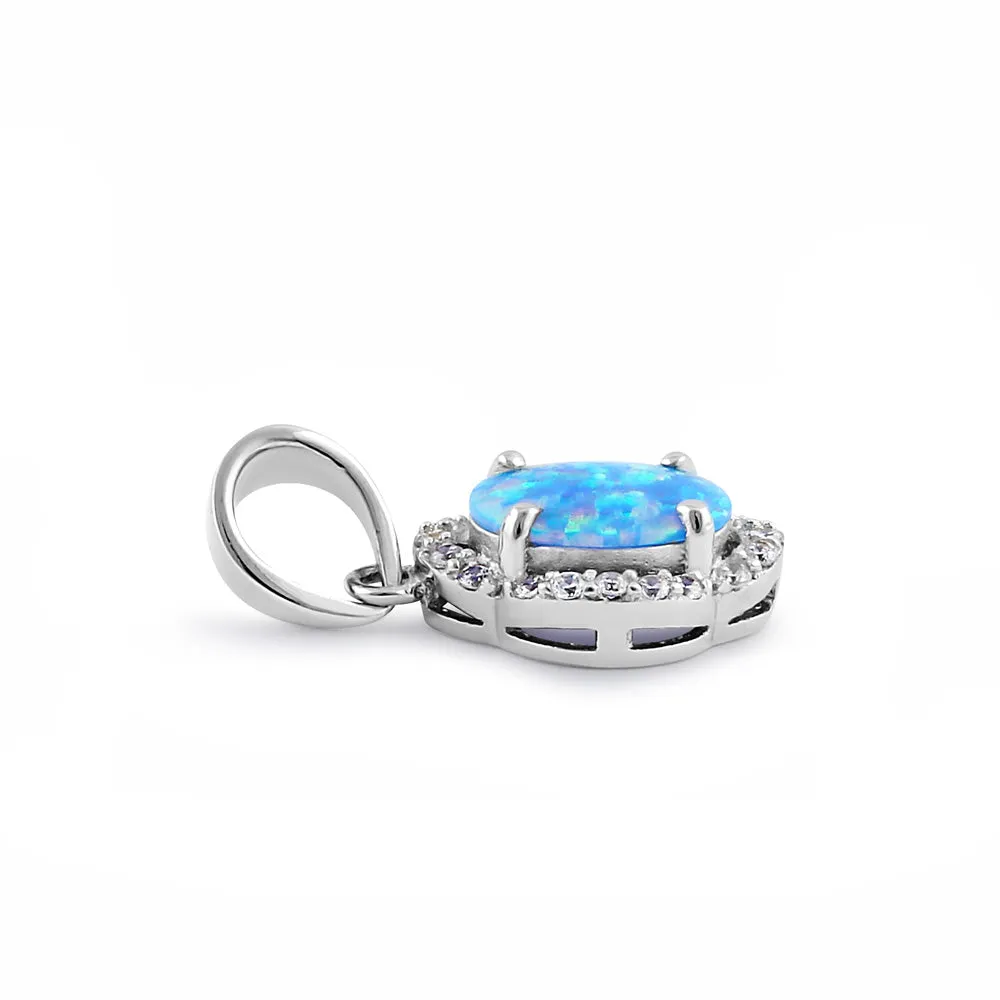 Sterling Silver Elegant Blue Lavender Lab Opal Oval Halo Pendant