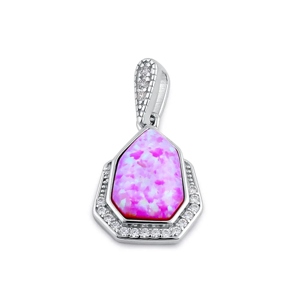Sterling Silver Elegant Pink Lab Opal & Clear CZ Heptagon Pendant