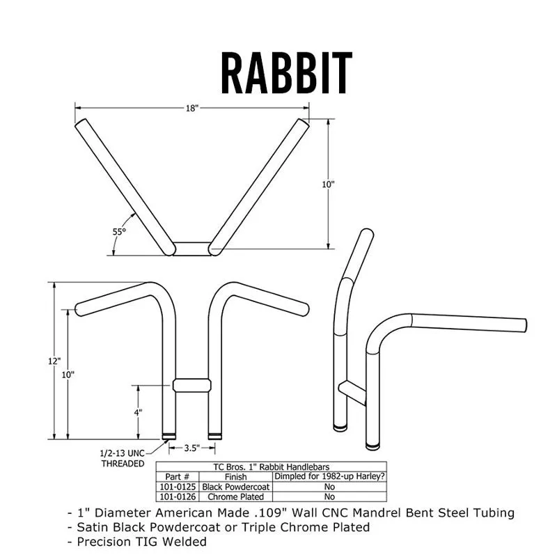 TC Bros. 1" Rabbit Ears Handlebars - Black Smooth