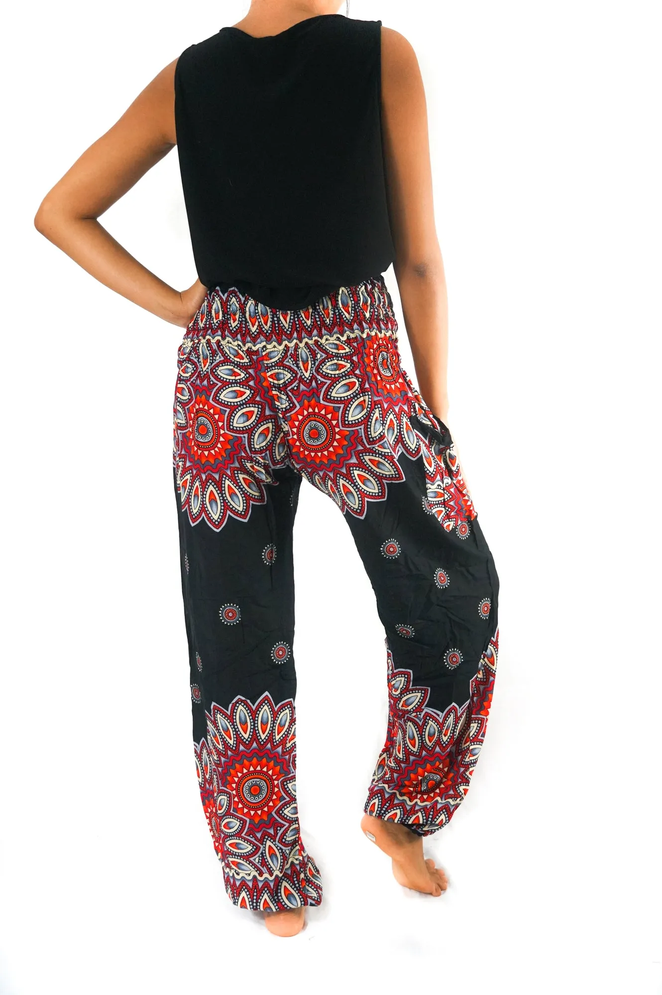 Unisex Bohemian Mandala Floral Harem Pants- Black/Red