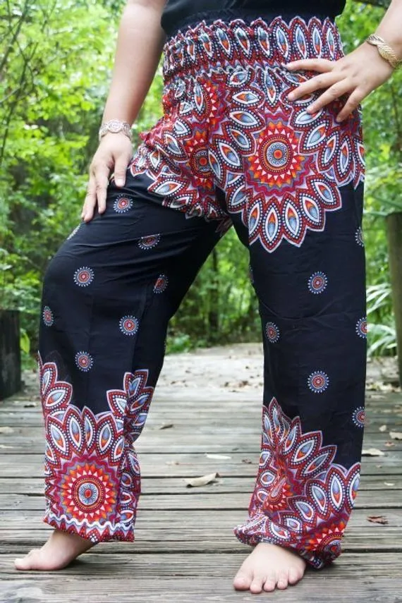 Unisex Bohemian Mandala Floral Harem Pants- Black/Red