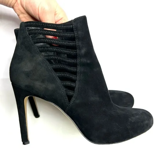 Via Spiga Suede Stiletto Heel Ankle Booties Cutout Side Detail Black Size 9