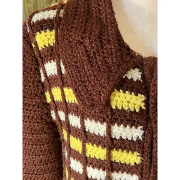 Vintage Hand Made Crochet Yellow Brown Cardigan Sweater Retro w/ Wooden Buttons