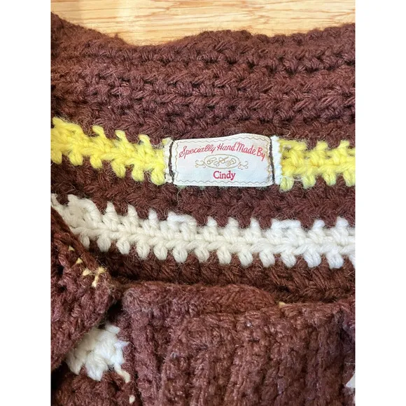 Vintage Hand Made Crochet Yellow Brown Cardigan Sweater Retro w/ Wooden Buttons