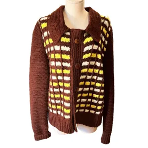 Vintage Hand Made Crochet Yellow Brown Cardigan Sweater Retro w/ Wooden Buttons