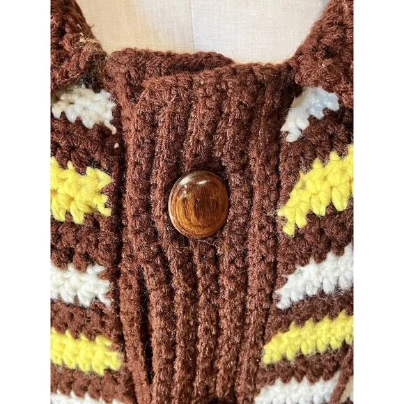 Vintage Hand Made Crochet Yellow Brown Cardigan Sweater Retro w/ Wooden Buttons