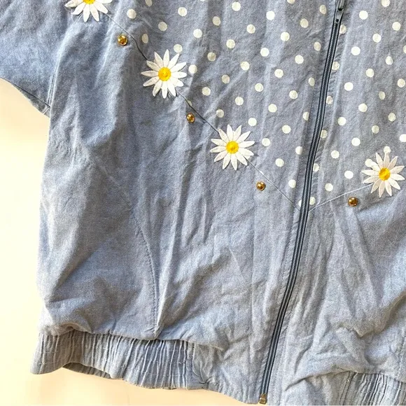 Vintage Retro Gepetto Blue Lightweight Cotton Polka Dot Daisy Zip Track Jacket