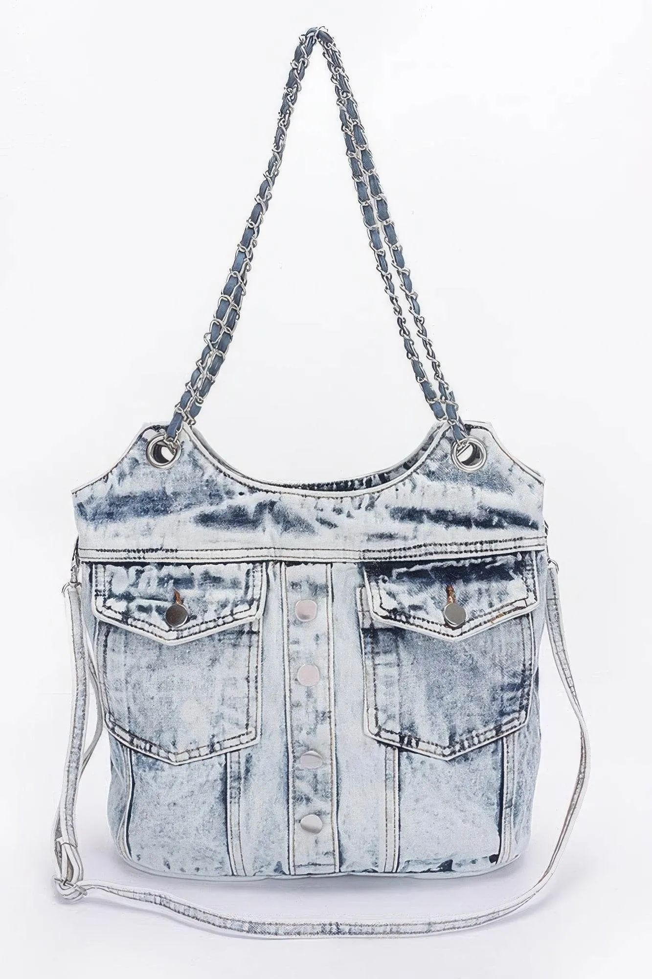 Washed Denim Double Pockets Tote Bag