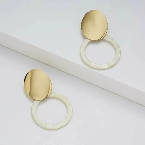 White Retro Round Acetate Gold Earrings