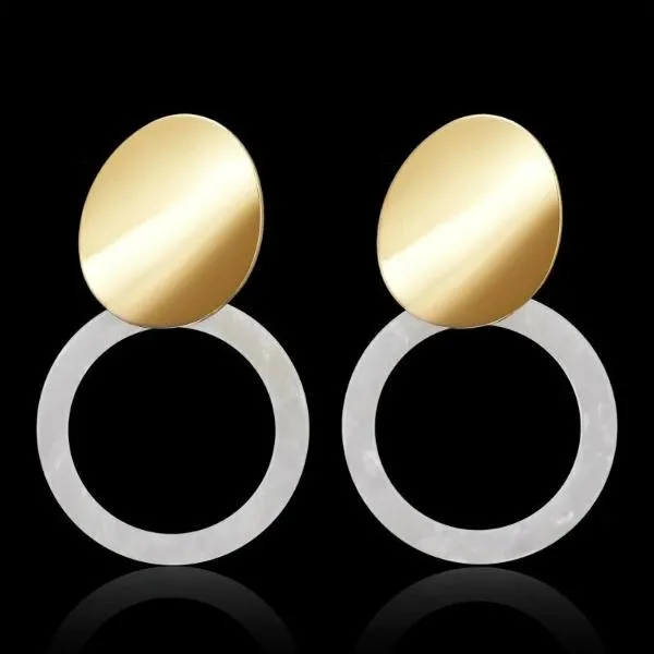 White Retro Round Acetate Gold Earrings