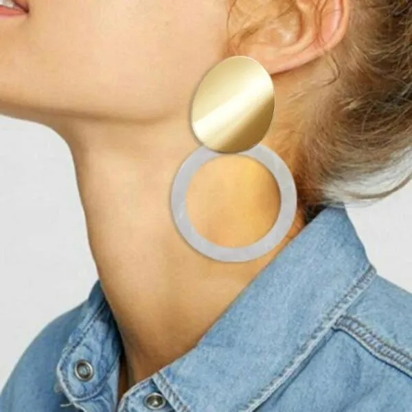 White Retro Round Acetate Gold Earrings