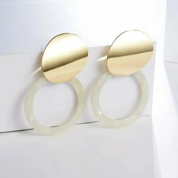 White Retro Round Acetate Gold Earrings